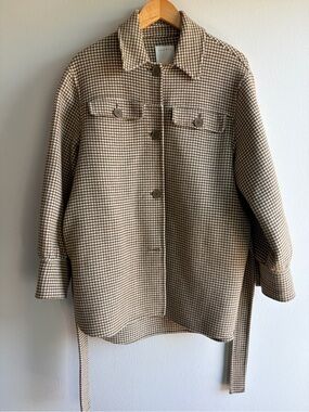 Sandro Beige Houndstooth Trench-Style Coat